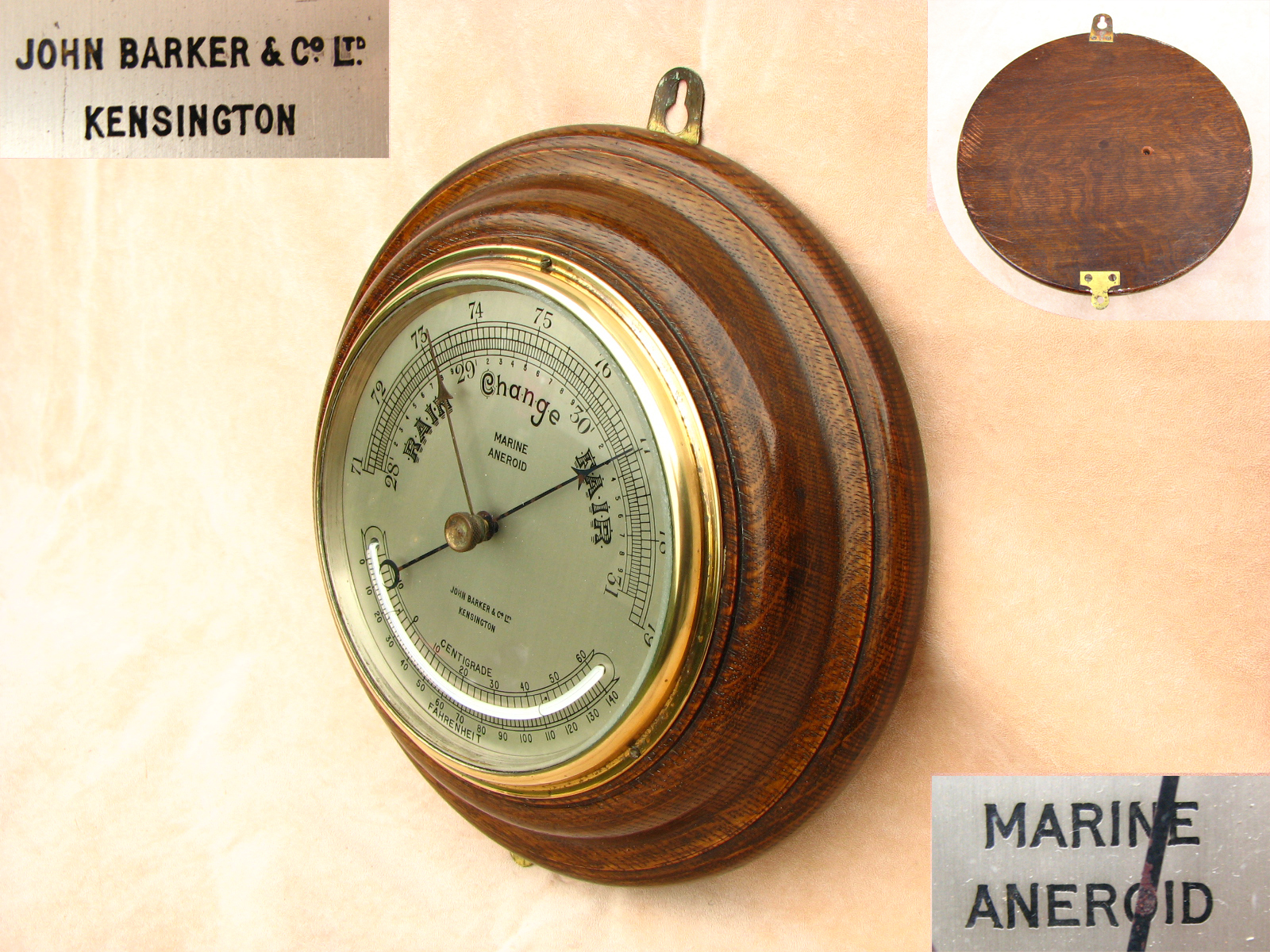 Antique John Barker marine aneroid barometer with curved thermometer
